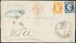 Obl. 13A+ 14A - 10c. Bistre + 20c. Bleu Obl. PC 1495 S/lettre Frappée Du CàD Rouge Du BUREAU MARITIME DU HAVRE Du 13 Mar - 1853-1860 Napoléon III.