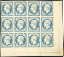 ** 14A - 20c. Bleu. Type I. Bloc De 12 Avec Filet D'encadrement Complet Sur 6 Timbres. SUP. - 1853-1860 Napoléon III.