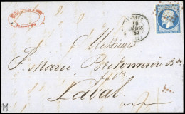 Obl. 14B - 20c. Bleu Obl. PC 2221 Rouge S/lettre Frappée Du CàD De NANTES Du 19 Mars 1857 à Destination De LAVAL. TB. - 1853-1860 Napoléon III.