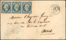 Obl. 15 - Bande De 3 Du 25c. Bleu, Timbre De Droite Avec Variété "retouche Delacourtelle" (variété De Défaut Dans La Mot - 1853-1860 Napoléon III.