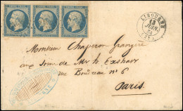 Obl. 15 - Bande De 3 Du 25c. Bleu, Timbre De Droite Avec Variété "retouche Delacourtelle" (variété De Défaut Dans La Mot - 1853-1860 Napoleone III