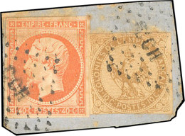 Obl. 16 - 40c. Orange + Colonies Générales N°3, 10c. Bistre-jaune, Obl. CCH S/petit Fragment. B. - 1853-1860 Napoléon III.