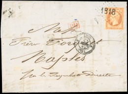 Obl. 16 - 40c. Orange Obl. Essai De GC 1818 Bâton S/lettre Frappée Du CàD De LYON Du 21 Février 1862 à Destination De NA - 1853-1860 Napoleone III