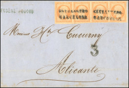 Obl. 16 - Bande De 4 Du 40c. Orange, Obl. BARCELONA S/lettre Frappée Du CàD De "ESTRANGERO BARCELONA" à Destination D'AL - 1853-1860 Napoléon III