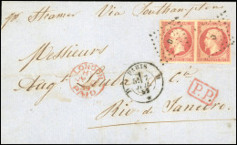 Obl. 17A - 80c. Carmin, Paire, Obl. ''D'' S/lettre Frappée Du CàD De PARIS - D Du 7 Juillet 1859 à Destination De RIO DE - 1853-1860 Napoleon III