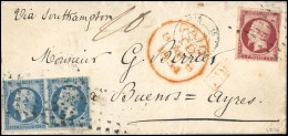 Obl. 18 + 15 - 1F. Carmin + Paire Du 25c. Bleu, Obl. Rouleau De Points Carrés S/lettre Frappée Du CàD De PARIS Du 7 Avri - 1853-1860 Napoléon III.