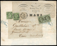 Obl. 20+ 25 + 27 - 5c. Vert X 2 + 1c. Vert-bronze X 2 + 4c. Gris Obl. S/lettre Frappée Du Cachet De PARIS. Composition D - 1862 Napoléon III.