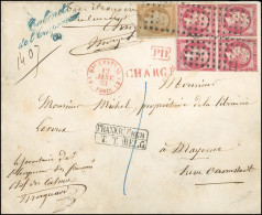 Obl. 21+ 17B - 80c. Rose (déf.), Bloc De 4 + 10c. Dentelé S/lettre Chargée Frappée De La Griffe Linéaire En Bleu CABINET - 1862 Napoleone III