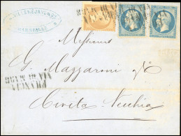 Obl. 21+ 22 - 10c. Bistre + 20c. Bleu X 2 Obl. Griffe FRANCIA VIA DI MARE S/lettre Manuscrite De MARSEILLE Du 1er Octobr - 1862 Napoléon III.