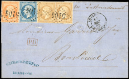 Obl. 21+ 22 + 23 - 10c. Bistre X 2 + 20c. Bleu + 40c. Orange Obl. GC 5104 S/lettre Frappée Du CàD De SHANGHAI - Bau FRAN - 1862 Napoléon III