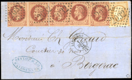 Obl. 21+ 26 - 10c. Bistre + 2c. Rouge-brun, Nuance Très Foncée X 5, Obl. GC 2032 S/lettre Frappée Du CàD De LIBOURNE 1er - 1862 Napoléon III.