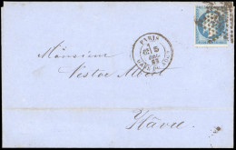 Obl. 22 - 20c. Bleu Obl. étoile 26 Rouge Foncée S/lettre Frappée Du CàD Rouge Foncé De PARIS - GARE DU NORD Du 5 Décembr - 1862 Napoleon III