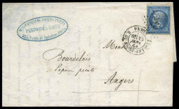 Obl. 22 - 20c. Bleu Obl. étoile Tronquée N°23 S/lettre Frappée Du CàD De PARIS Du 15 Janvier 1864 à Destination D'ANGERS - 1862 Napoleon III