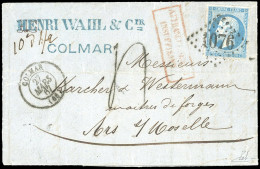 Obl. 22 - 20c. Bleu Obl. GC 1076 S/lettre Taxée Frappée Du CàD De COLMAR Du 27 Mars 1867 Et Du Cachet Rouge ''AFFRANCHIS - 1862 Napoléon III