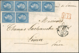 Obl. 22 X 6 - 20c. Bleu, Paire + Bande De 4, Obl. Roulette De Pointillés S/lettre Frappée Du CàD De PARIS (60) Du 14 Aoû - 1862 Napoleon III