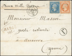 Obl. 22+ 23 - 20c. Bleu + 40c. Orange Obl. ''J'' S/lettre Chargée à 200 Francs, Frappée Du CàD De PARIS (60) Du 8 Juille - 1862 Napoleone III