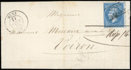 Obl. 22a - 20c. Bleu Foncé Obl. S/lettre Portant Le CàD De MENS Du 21 Février 1855 à Destination De VOIRON. Cachet ''APR - 1862 Napoleone III