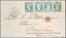 Obl. 22b - Tête-Bêche Du 20c. Bleu Dans Bande De 3 + 1 Ex. Obl. étoile S/lettre Frappée Du CàD De PARIS - RUE BONAPARTE  - 1862 Napoléon III