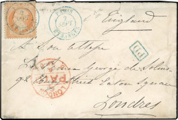 Obl. 23 - 40c. Orange, Obl. S/lettre Frappée Du CàD PARIS ETRANGER En Bleu, Du 2 Septembre 1867 à Destination De LONDRES - 1862 Napoleone III