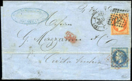 Obl. 23+ 29 - 40c. Orange Obl. GC 2240 En Noir + 20c. Lauré Obl. GC 2240 En Rouge S/lettre De MARSEILLE 23 Juillet 1867  - 1862 Napoléon III.