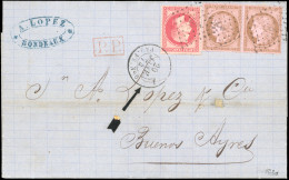 Obl. 32+ 58 - 80c. Rose + Paire Du 10c. Brun S/rose Obl. Ancre S/lettre Manuscrite De BORDEAUX, Frappée Du Cachet LIGNE  - 1863-1870 Napoléon III Con Laureles