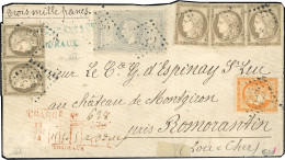 Obl. 33 + 38 + 56 - 5F. De L'Empire + 40c. Orange + 5 X 30c. Cérès Obl. GC 532 S/lettre Chargée à 3000 Francs à Destinat - 1863-1870 Napoléon III Con Laureles