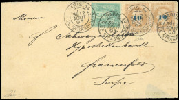 Obl. 34 - Paire Du 10 S/10c. Lauré + 5c. Sage Obl. S/lettre Frappée Du CàD De PARIS - R. DE STRASBOURG Du 2 Août 1893 à  - 1863-1870 Napoleone III Con Gli Allori