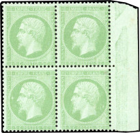 ** 35 - 5c. Vert S/bleu. Bloc De 4. BdeF. Tirage Fin. Froissure De Gomme D'origine. Pièce Superbe. Le Bloc Du 5c., N°35  - 1863-1870 Napoléon III Con Laureles