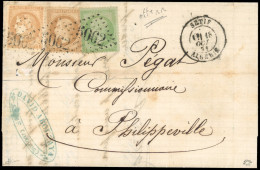 Obl. 35 + 28 + 43 - 5c. Vert S/bleu + 10c. Lauré + 10c. Bordeaux Obl. GC 5062 S/lettre Frappée Du CàD De SETIF - ALGERIE - 1863-1870 Napoleon III With Laurels