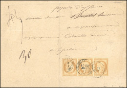 Obl. 36b - Bande De 3 Avec Tête-Bêche Du 10c. Bistre-jaune Obl. S/enveloppe De Papier D'affaires Frappée Du CàD De ENTRA - 1870 Assedio Di Parigi