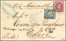 Obl. 37 + 49 - 20c. Bleu + 80c. Rose Obl. GC 532 S/lettre Frappée Du CàD De BORDEAUX Du 17 Août 1871 à Destination D'ADE - 1870 Belagerung Von Paris