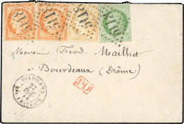 Obl. 38 + 53 + 59 - 40c. Orange X 2 + 5c. Vert-jaune S/azuré + 15c. Bistre Obl. GC 5118 S/lettre Frappée Du CàD De YOKOH - 1870 Siège De Paris