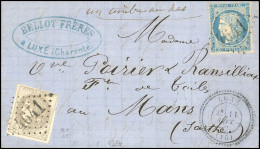 Obl. 41A + 39 + 37 - 4c. Gris + 1c. Olive (au Verso) + 20c. Siège  Obl. GC 4641 S/lettre Frappée Du CàD Perlé, Type 15,  - 1870 Ausgabe Bordeaux