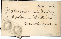 Obl. 41B - Paire Horizontale Du 4c. Gris, Report 2, Obl. S/bande D'imprimé Frappée Du CàD De VILLENEUVE-DE-MARSAN à Dest - 1870 Emisión De Bordeaux