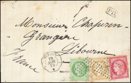 Obl. 53+ 55 + 57 - 5c. Vert-jaune + 15c. Bistre + 80c. Rose Obl. Ancre S/lettre Frappée Du Cachet Octogonal ''1 MEXIQUE  - 1871-1875 Cérès