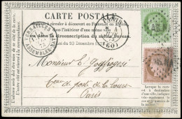 Obl. 53+ 58 - 5c. Vert-jaune S/azuré + 10c. Brun S/rose Obl. ASNA S/carte Postale Locale Frappée Du CàD De PARIS (60) Du - 1871-1875 Cérès