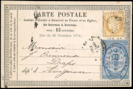 Obl. 55 - 15c. Bistre + Timbre De Quittance S/carte Précurseur Frappée Du CàD De PARIS Du 1er Décembre 1874 à Destinatio - 1871-1875 Cérès