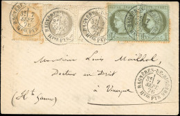 Obl. 59 + 52x2 + 50x2 -  15c. Bistre + Paire Du 4c. Gris + Paire Du 1c. Vert-olive, Obl. S/lettre Frappée Du CàD De BAGN - 1871-1875 Ceres