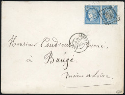 Obl. 60A - Paire Du 25c. Bleu Type I Dont 1 Timbre Avec Variété ''Grande Tâche (Juin 1872)'' Obl. GC 99 S/lettre Frappée - 1871-1875 Cérès