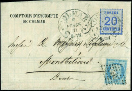 Obl. 60A - 20c. Bleu, Type I, Obl. Du CàD De COLMAR Du 8 Novembre 1871 + 25c. Cérès Obl. PC 420 S/lettre à Destination D - 1871-1875 Cérès