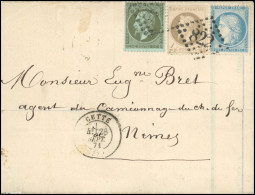 Obl. 60A+ 19 + 27 - 25c. Bleu, Type I + 1c. Vert-olive + 4c. Gris Obl. GC 822 S/lettre Frappée Du CàD De CETTE Du 28 Sep - 1871-1875 Ceres