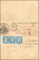 Obl. 60Ab - 25c. Bleu, Type I, Tête-Bêche Dans Une Bande De 3, Obl. S/document Du Tribunal De Première Instance De Cast - 1871-1875 Cérès