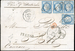 Obl. 60C X 4 - 25c. Bleu X 4, Type III, Obl. GC 532, S/lettre Frappée Du CàD De BORDEAUX Du 31 Mai 1875 à Destination De - 1871-1875 Ceres