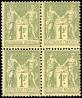 ** 82 - 1F. Vert Clair. Bloc De 4. Légères Adhérences. B. - 1876-1878 Sage (Typ I)