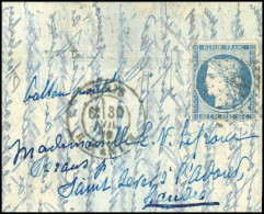 Obl. 37 - LE FRANKLIN. 20c. Siège Obl. étoile 8 S/lettre Frappée Du CàD De PARIS - R. D'ANTIN Du 30 Novembre 1870 à Dest - Krieg 1870