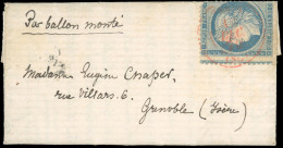 Obl. 37 - LE LAVOISIER. 20c. Siège Obl. S/lettre Frappée Du CàD De PARIS SC Du 19 Décembre 1870 à Destination De GRENOBL - Oorlog 1870