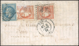 Obl. 29 + 48 X 2 - 20c. Lauré + 40c. Bordeaux X 2 Obl. GC, S/lettre Frappée Du CàD De TOURS Du 5 Janvier 1871 à Destinat - Guerra Del 1870