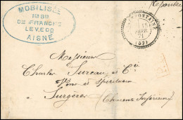 Obl. 14 - Lettre Frappée Du Grand Cachet Bleu Oval MOBILISEE AISNE - 1ER BON CIE FRANCHE LEVECQ Du Cachet Perlé D'ENGLEF - Guerre De 1870