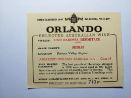 1970 Etiquette AUSTRALIA ORLANDO SHIRAZ BAROSSA HERMITAGE SELECTED AUSTRALIAN WINE BAROSSA VALLEY - Autres & Non Classés