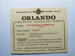 1973 Etiquette AUSTRALIA ORLANDO SHIRAZ BAROSSA HERMITAGE SELECTED AUSTRALIAN WINE BAROSSA VALLEY - Autres & Non Classés